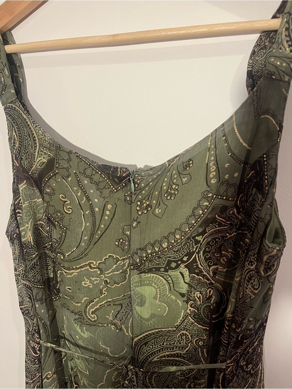 Vintage 90s Y2K Olive Green Paisley Tiered Maxi Dress - Picture 7 of 11